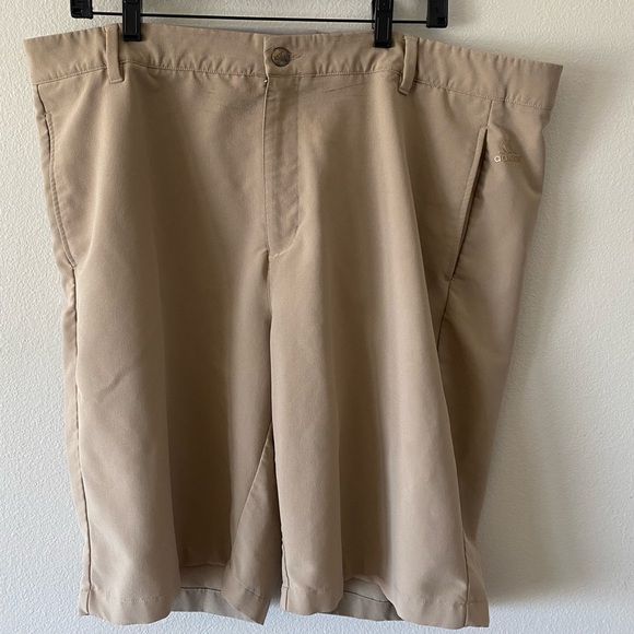 Adidas Golf Shorts Mens 40 Khaki Tan Performance Bermuda Stretch Three Stripes - Picture 1 of 8